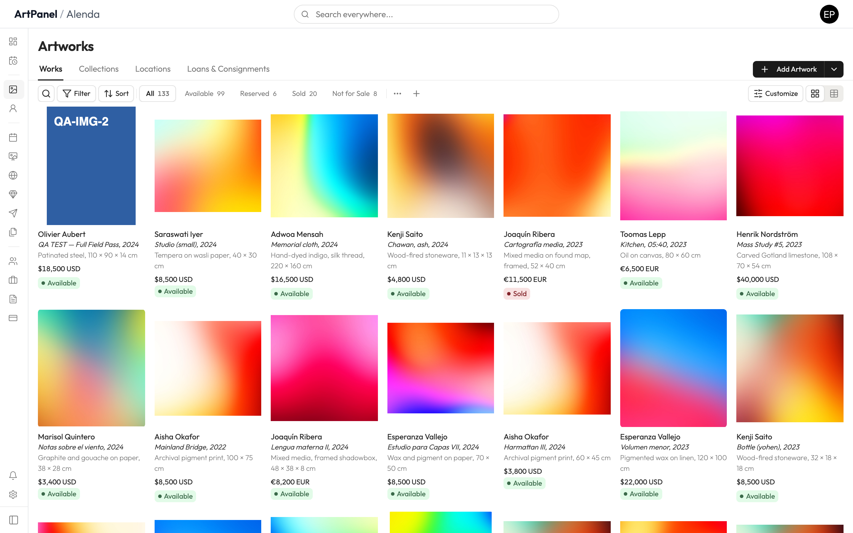 The Artworks page with status views (All, Available, Reserved, Sold), the Filter and Sort controls, and the search icon