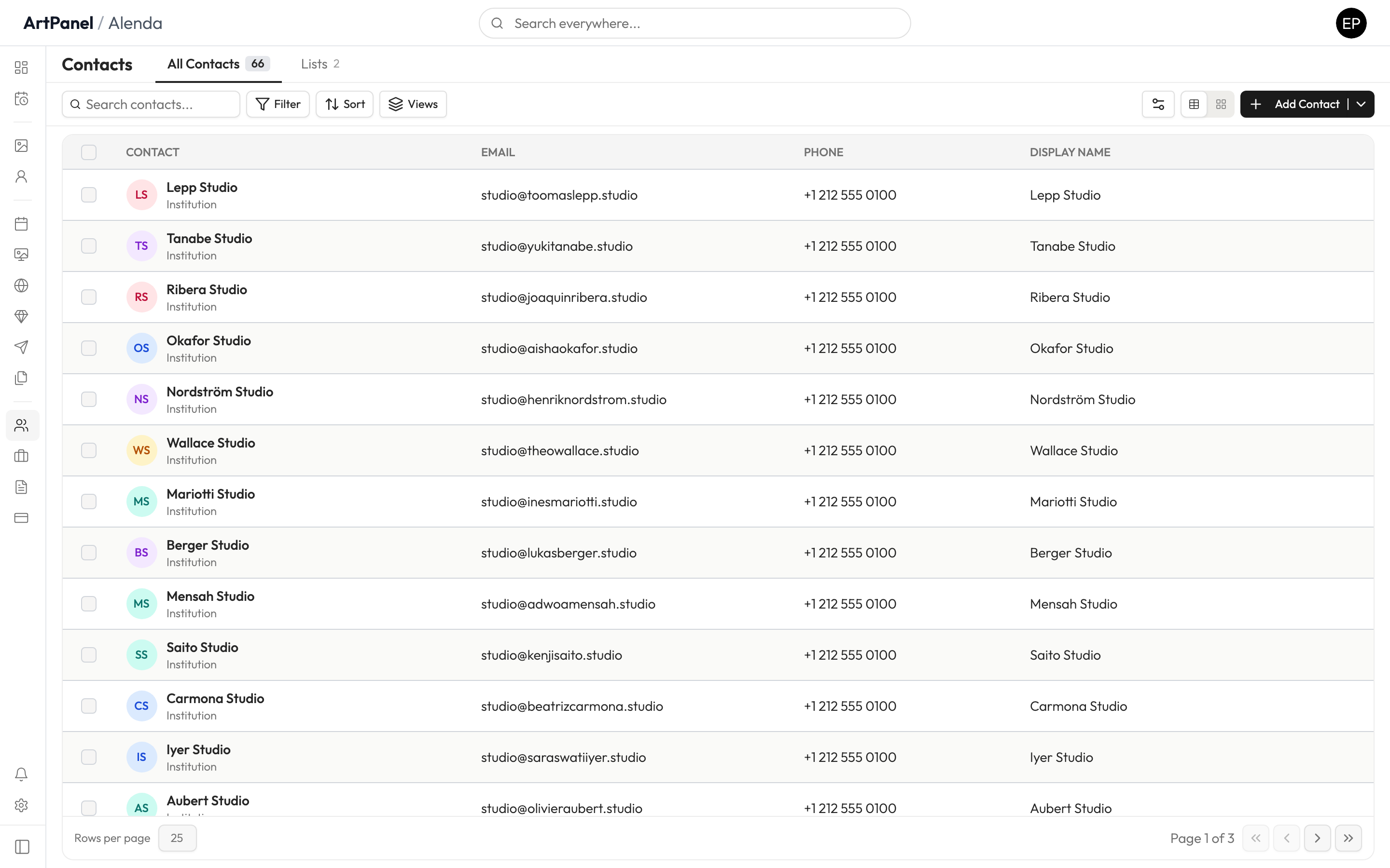 The Contacts page — people and organizations with their roles