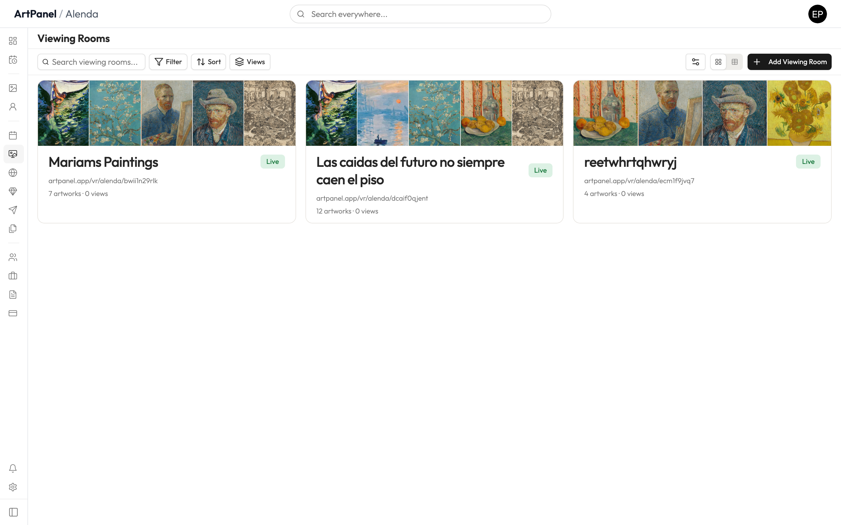 The Viewing Rooms page with your published and draft rooms